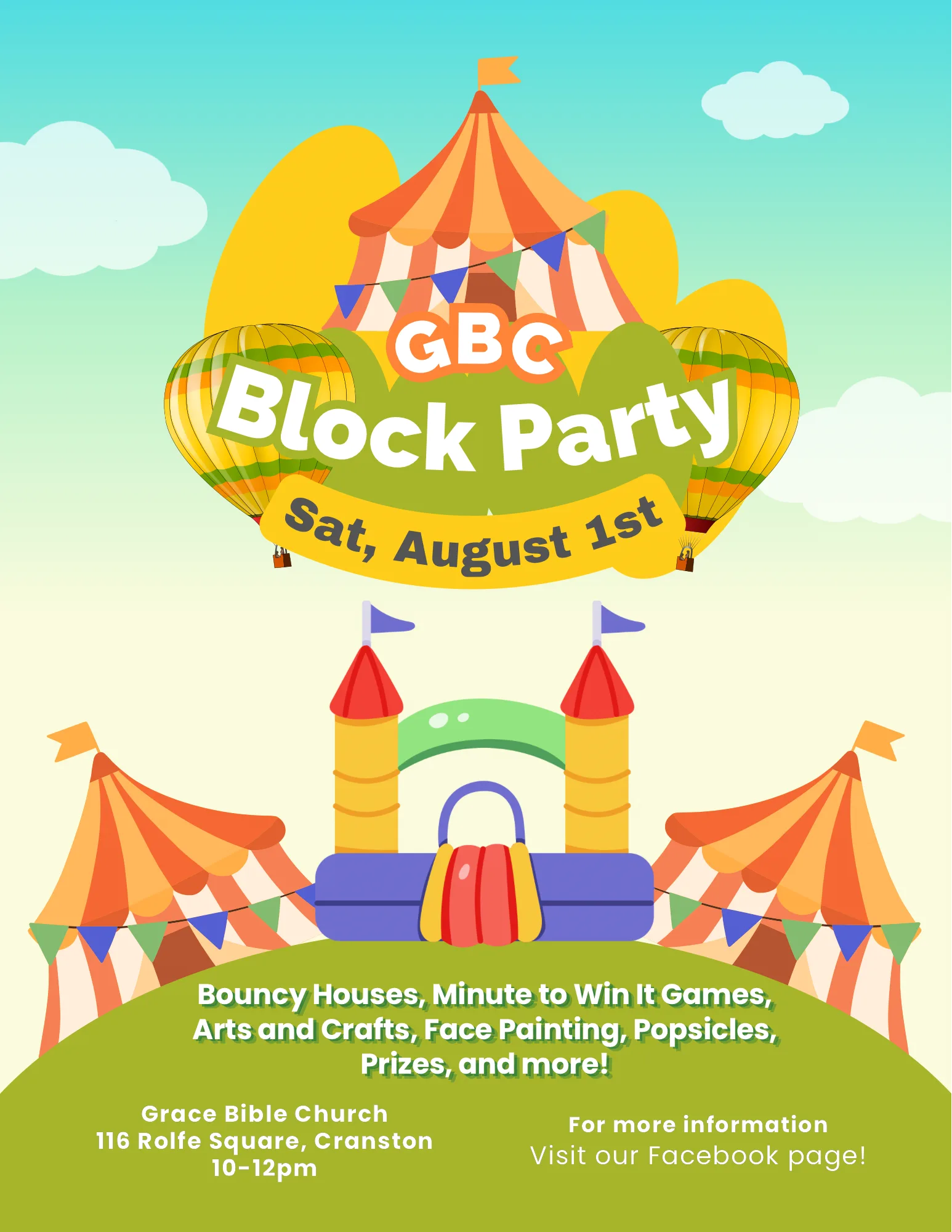 GBC Block Party flyer with tents, hot air balloons, and bouncy house artwork